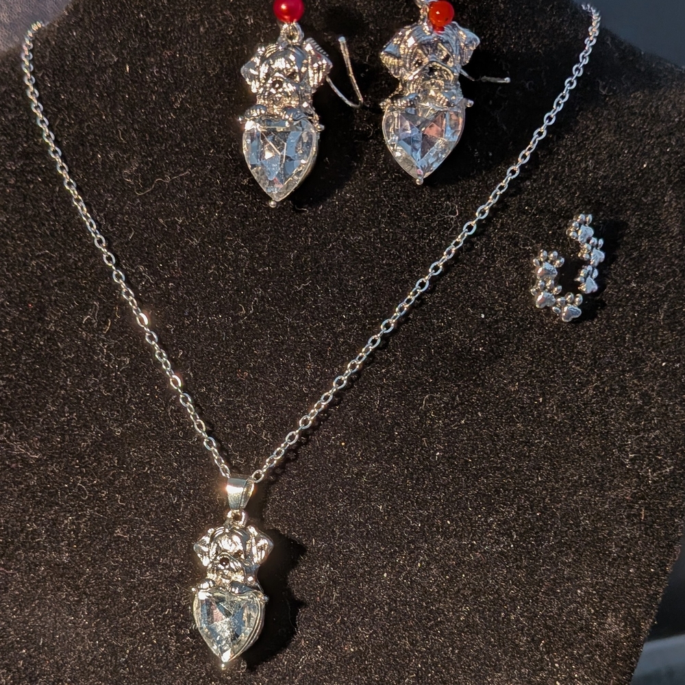 Silver Dog Jewelry Set with Clear Stones And Extra Pair Of Dog Paw Feet Earrings